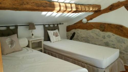 une chambre avec deux lits dans une pièce dans l'établissement Bienvenue au gîte du Caillou, à Montagnac-sur-Auvignon