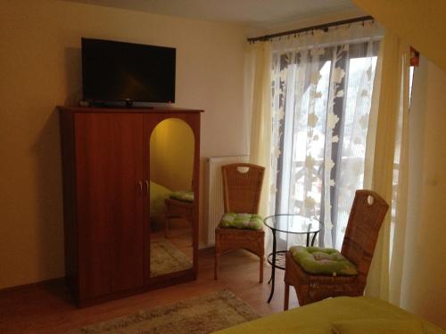 a living room with a mirror and a television at Gospodarstwo Rospuda in Bakałarzewo
