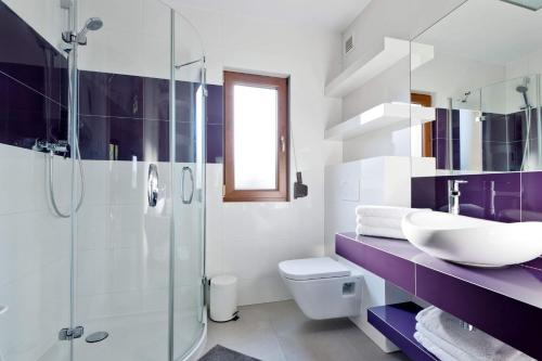 a bathroom with a sink and a toilet and a shower at BIESZCZADZKI RAJ Komfortowe domy z kominkami i Sauną na obiekcie in Olchowiec