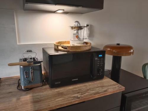 a microwave on a counter with a blender on top of it at La Bergerie à Palleau, Les Blés Dorés et Les Graines de Lin à Corgengoux, proches de Beaune et de ses villages viticoles in Palleau