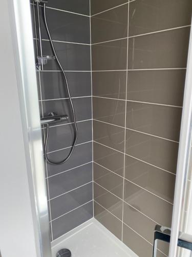 une douche avec pommeau de douche dans une salle de bain dans l'établissement Appartement spacieux et lumineux St Malo Paramé, à Saint-Malo