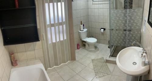 a bathroom with a shower and a sink and a toilet at Rustic red in Benoni