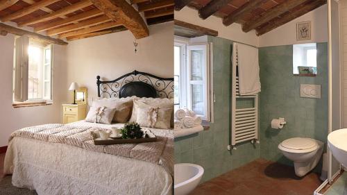 two pictures of a bedroom with a bed and a bathroom at Rustico Dora in Camaiore