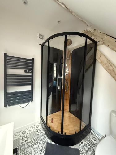 - une douche en verre dans un coin de la pièce dans l'établissement Les Combles de Colbert- hyper center, à Troyes