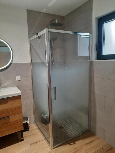une douche avec une porte vitrée dans une salle de bain dans l'établissement Le cottage , logement individuel de plain pied, à Villeneuve d'Ascq