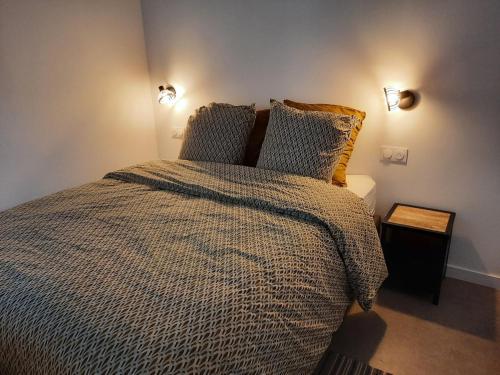 una camera da letto con un letto grande con due cuscini di Le cottage , logement individuel de plain pied a Villeneuve d'Ascq