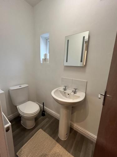 a bathroom with a toilet and a sink and a mirror at Spacious Apartment near train station with a parking space in Birmingham