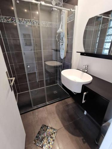 une salle de bain avec une douche, un lavabo et des toilettes dans l'établissement Appartement Luxe - 4 personnes PETROUCHKA - Héliopolis J 41 -, au Cap d'Agde