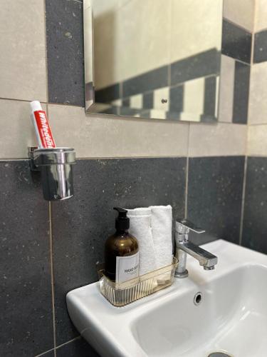 a bathroom sink with a bottle of soap and towels at Spacious studio Ruaka in Ruaka