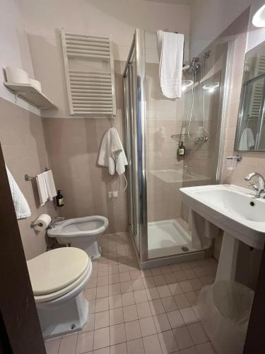 a bathroom with a toilet and a shower and a sink at Hotel Corte Altavilla in Conversano