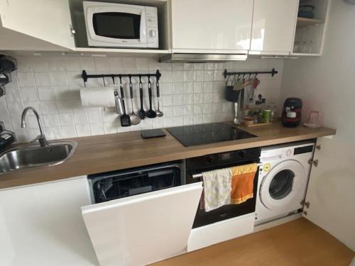 une cuisine avec un lave-linge et un micro-ondes dans l'établissement pau appartement, à Pau