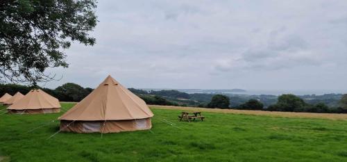 three tents in a field with a picnic table at Furnished Bell Tent 4 in St Austell