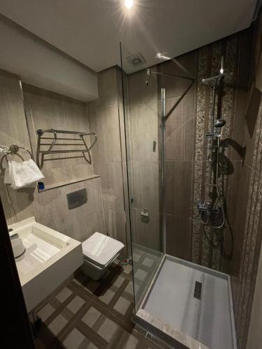 a bathroom with a shower and a toilet and a sink at Nacre Residence in Istanbul