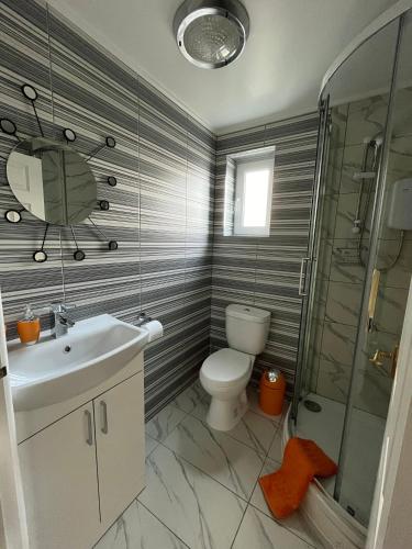 a bathroom with a toilet and a sink and a shower at Quest Fulfiller - Near General Hospital, Free Parking & Garden in Southampton