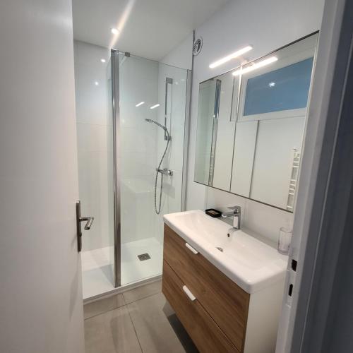 une salle de bain blanche avec une douche et un lavabo dans l'établissement Le Gouedic - 2 chambres - 3 lits - 60m2, à Saint-Brieuc