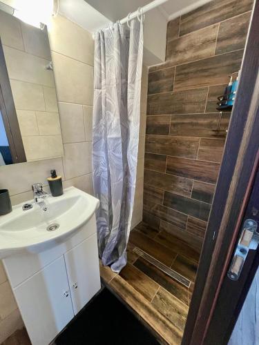 a bathroom with a sink and a shower at Sole 2 in Deva