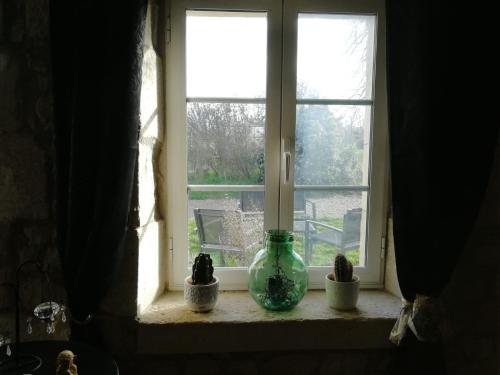 a window with a green vase sitting on a window sill at La Fermette Henriette 3 sterren in Vicq-Exemplet