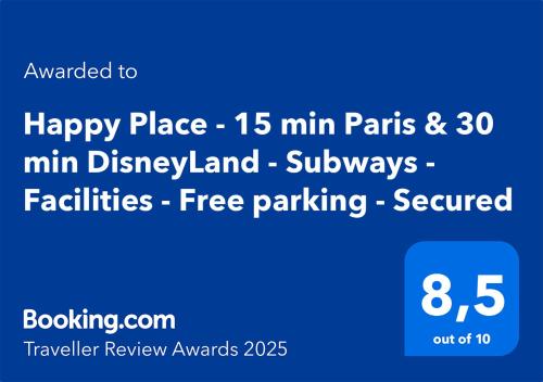 Capture d'écran d'un écran téléphonique avec les mots Happy Place dans l'établissement Happy Place - 15 min Paris & 30 min DisneyLand - Subways - Facilities - Free parking - Secured, à Maisons-Alfort