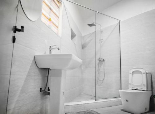 a bathroom with a shower and a sink and a toilet at Shortlet spaces in Lekki