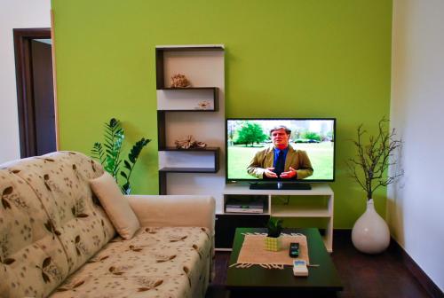 a living room with a couch and a flat screen tv at Garden House in Matulji