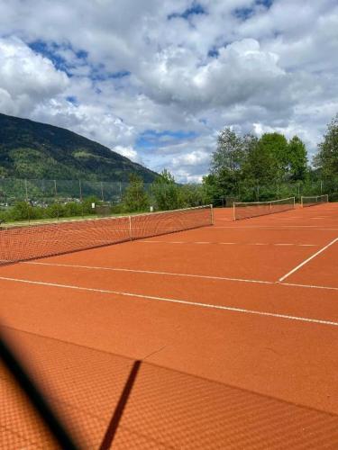 a tennis court with a net on top of it at Appartement mit Seeblick am Ossiacher See in Villach