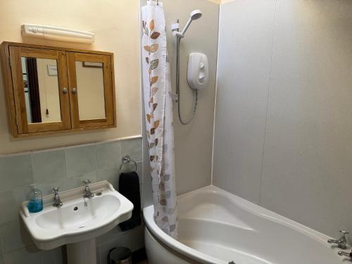 a bathroom with a sink and a shower curtain at May Cottage in Tideswell