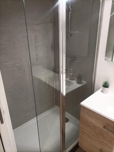 une douche avec une porte vitrée dans une salle de bain dans l'établissement L'Escapade, à Thonon-les-Bains