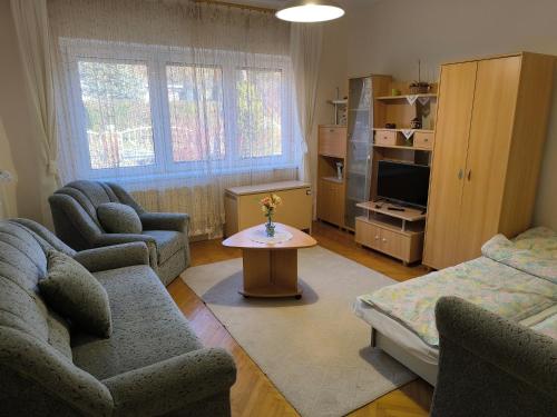 a living room with two couches and a coffee table at Mogyorós apartmanház Balatongyörök in Balatongyörök