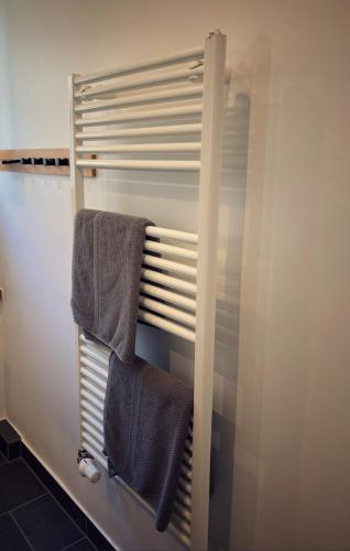 a towel rack in a bathroom with two towels at Ferienwohnung EG AusZeit in Bad Bertrich