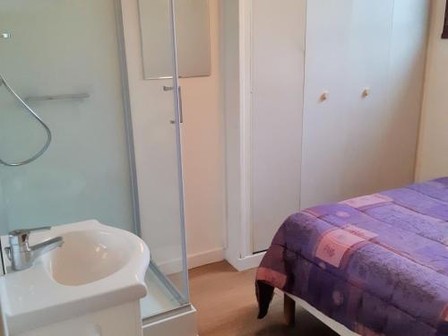 une salle de bain avec un lavabo et un lit dans l'établissement Appartement 8 pers, centre station, proche pistes et animations, balcon sud, parking privé - FR-1-516-5, à Les Deux Alpes