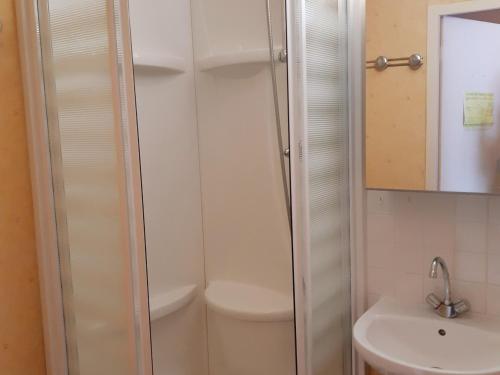 une salle de bain avec une douche, des toilettes et un lavabo dans l'établissement Studio 4 pers, pied des pistes, parking, balcon sud - FR-1-516-18, à Les Deux Alpes