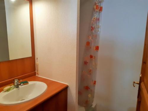 une salle de bain avec un lavabo et un rideau de douche dans l'établissement Appartement 2 pièces avec balcon - Pied des pistes, secteur calme - FR-1-516-145, à Mont-de-Lans