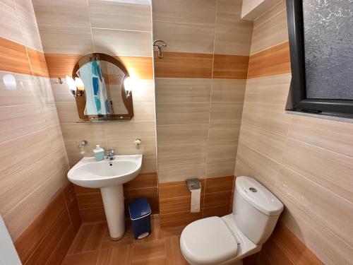 a small bathroom with a toilet and a sink at Ion Sea View in Ksamil