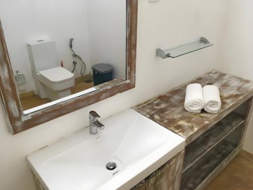 a bathroom with a sink with a mirror and a toilet at Kaela Green Villa in Ahangama