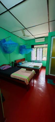 two beds in a room with green walls at Tony's Garden House Back Packers inn in Jaffna