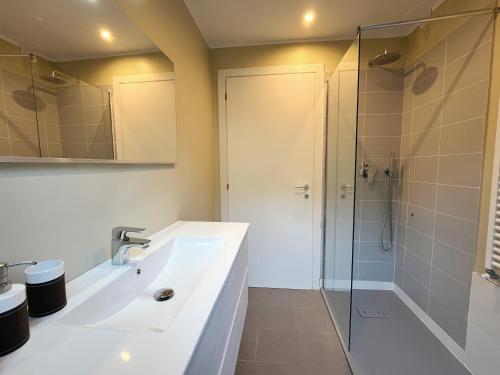 a bathroom with a sink and a shower at Residenza I Melograni - Suite in Domaso