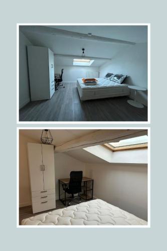 - deux photos d'une chambre et d'un lit dans une pièce dans l'établissement Maison de ville - CHU Hôpital Nord, à Saint-Priest-en-Jarez