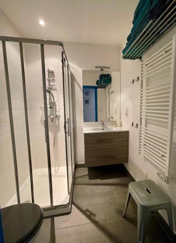 une salle de bain avec douche et lavabo dans l'établissement La Franqui Vue Mer Exceptionnel, à La Franqui-Plage