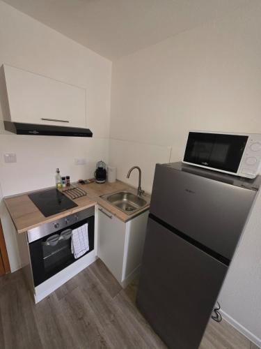 une petite cuisine avec un réfrigérateur et un évier dans l'établissement studio cactus, à Mulhouse