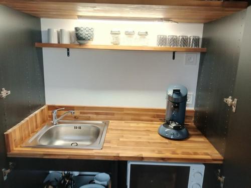 une cuisine avec un évier et un mixeur sur un comptoir dans l'établissement cocon, à Marquise