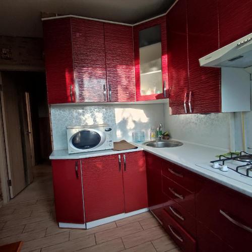 eine Küche mit roten Schränken und einer Mikrowelle auf der Theke in der Unterkunft Apartment - Panasa Myrnoho 20 in Myrhorod