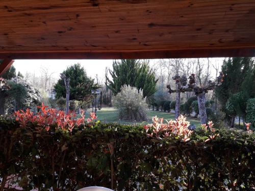 una ventana con vistas a un jardín con flores rojas en MF n 1, en Cazaubon
