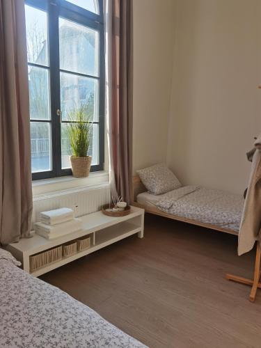 a bedroom with two beds and a window at FeWo 1 Zimmer Apartment barrierefrei in Berne in Berne