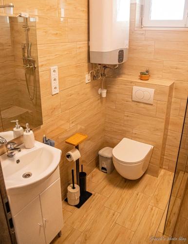 a bathroom with a white toilet and a sink at Belezúg-Lak vendégház in Nekézseny