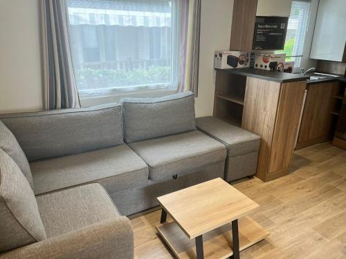 un salon avec un canapé et une table dans l'établissement MH 385 3 chambre ET 1 salle de bain 40M2 dans camping 4 étoiles, à Saint-Julien-en-Born