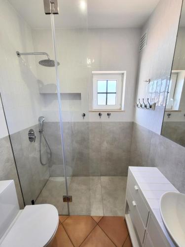 a bathroom with a shower and a toilet and a sink at Sunny Haven Alvor in Alvor