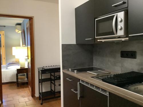 une cuisine avec un micro-ondes et une cuisinière four supérieur dans l'établissement Secret creek, à Zonza