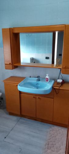 a bathroom with a blue sink and a mirror at La tana dell'amore, Torino sotto le stelle, camera matrimoniale o condivisa servitissima in Turin