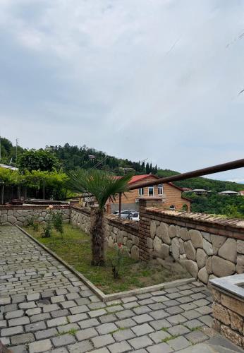 a stone wall with a palm tree in a yard at Tsminda Giorgi Apartment in Sighnaghi