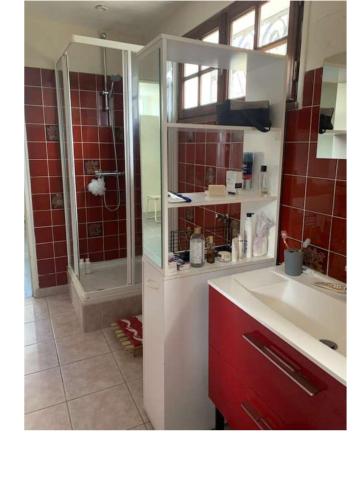 La salle de bains est pourvue d'un lavabo et d'une douche avec du carrelage rouge. dans l'établissement La Bourgandie, à Englesqueville-la-Percée